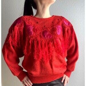 Vintage 20ans designer Mariea Kim 80's red fringe womens sweater sz L party club
